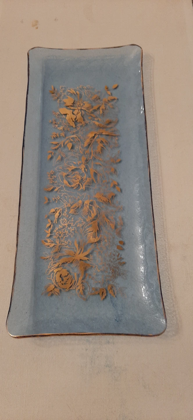 Blue Glass tray with a Gold floral design. - photo 3