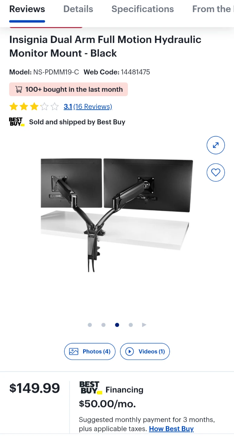 Insignia Dual Arm Full Motion Hydraulic Monitor Mount - Black - photo 5