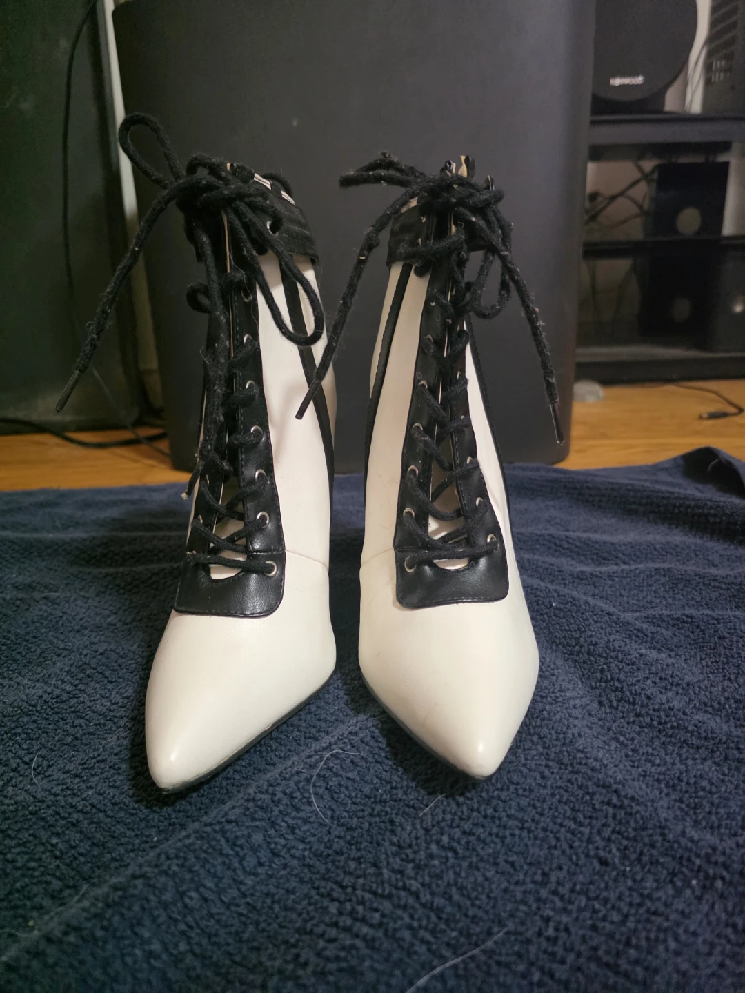 White and Black Lace-Up Heeled Boots