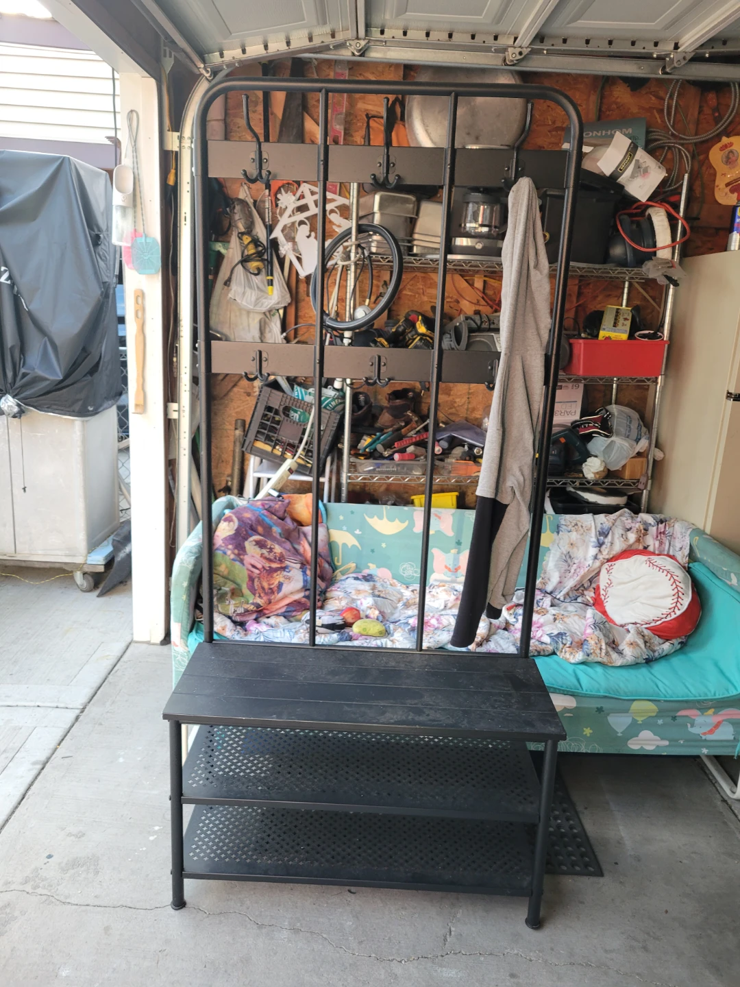 Black Metal Hall Tree with Shoe Rack