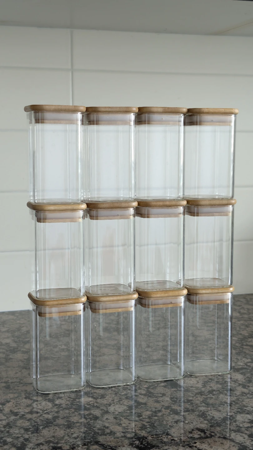 Set of 12 Glass Spice Jars with Bamboo Lids