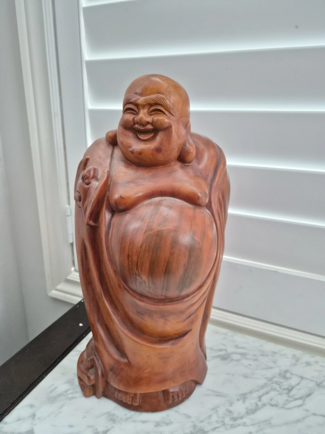 Carved Wooden Laughing Buddha Statue