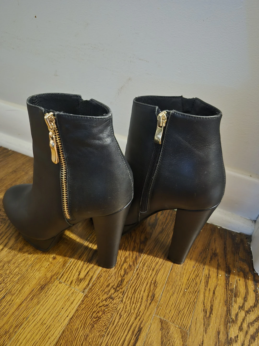 Black Heeled Ankle Boots with Gold Zippers