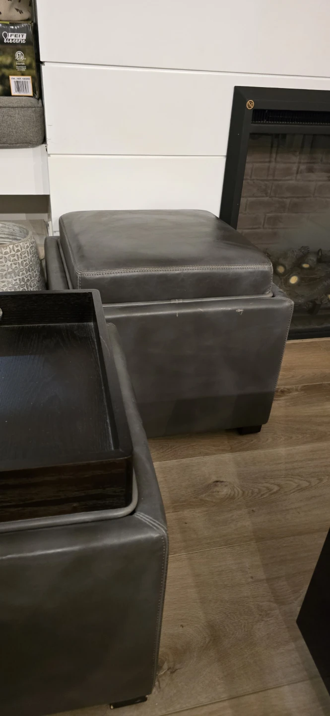 Leather Storage Ottoman with Wooden Tray