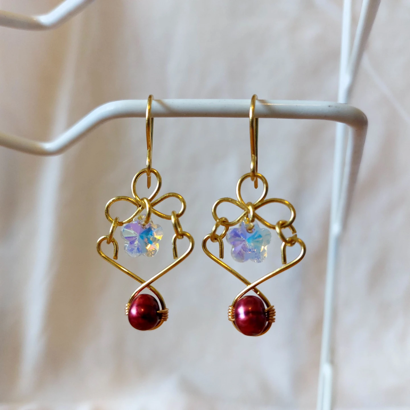Handmade Earrings with Burgundy Pearls and Crystal Flowers - photo 2