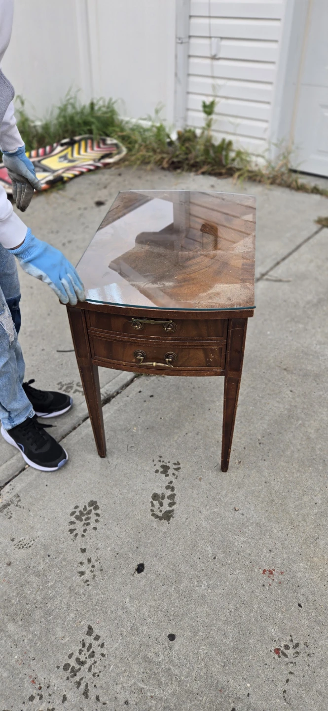 Antique wood side table with glass