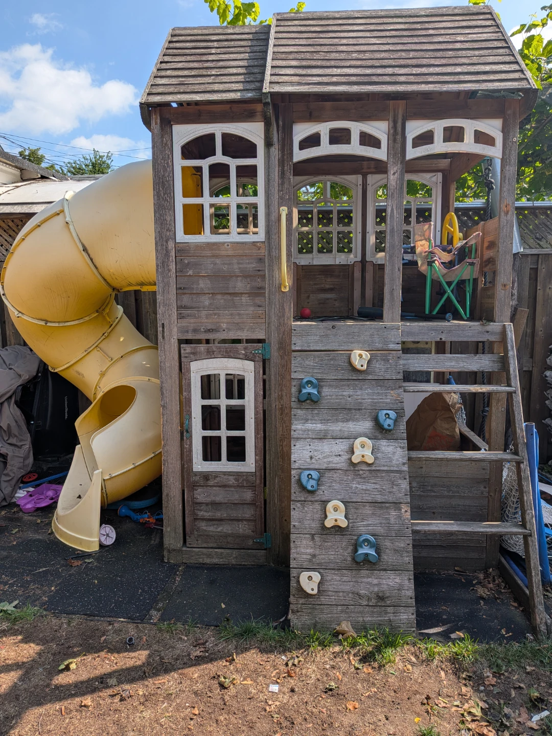 Wooden Play Structure with Yellow Slide
