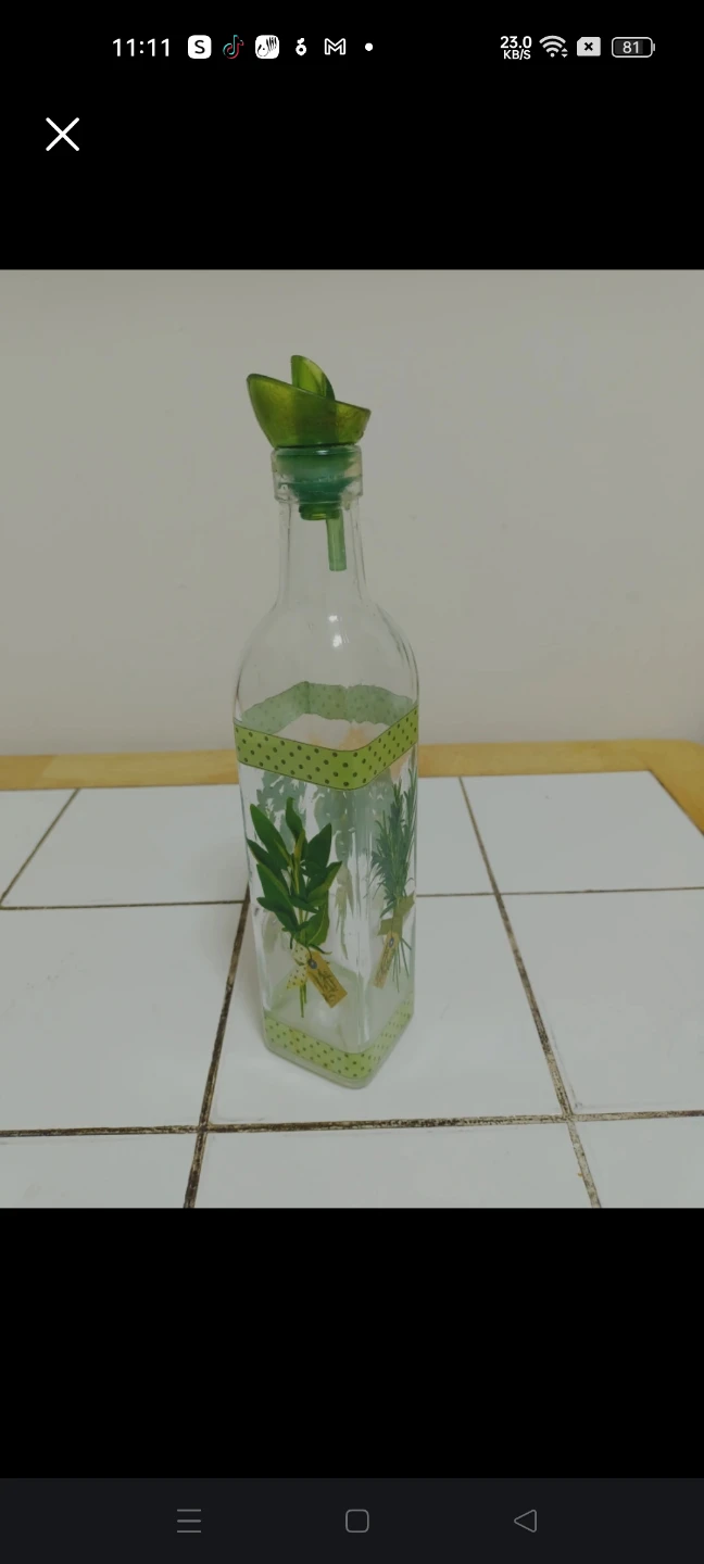 Glass Oil Dispenser with Green Herb Design