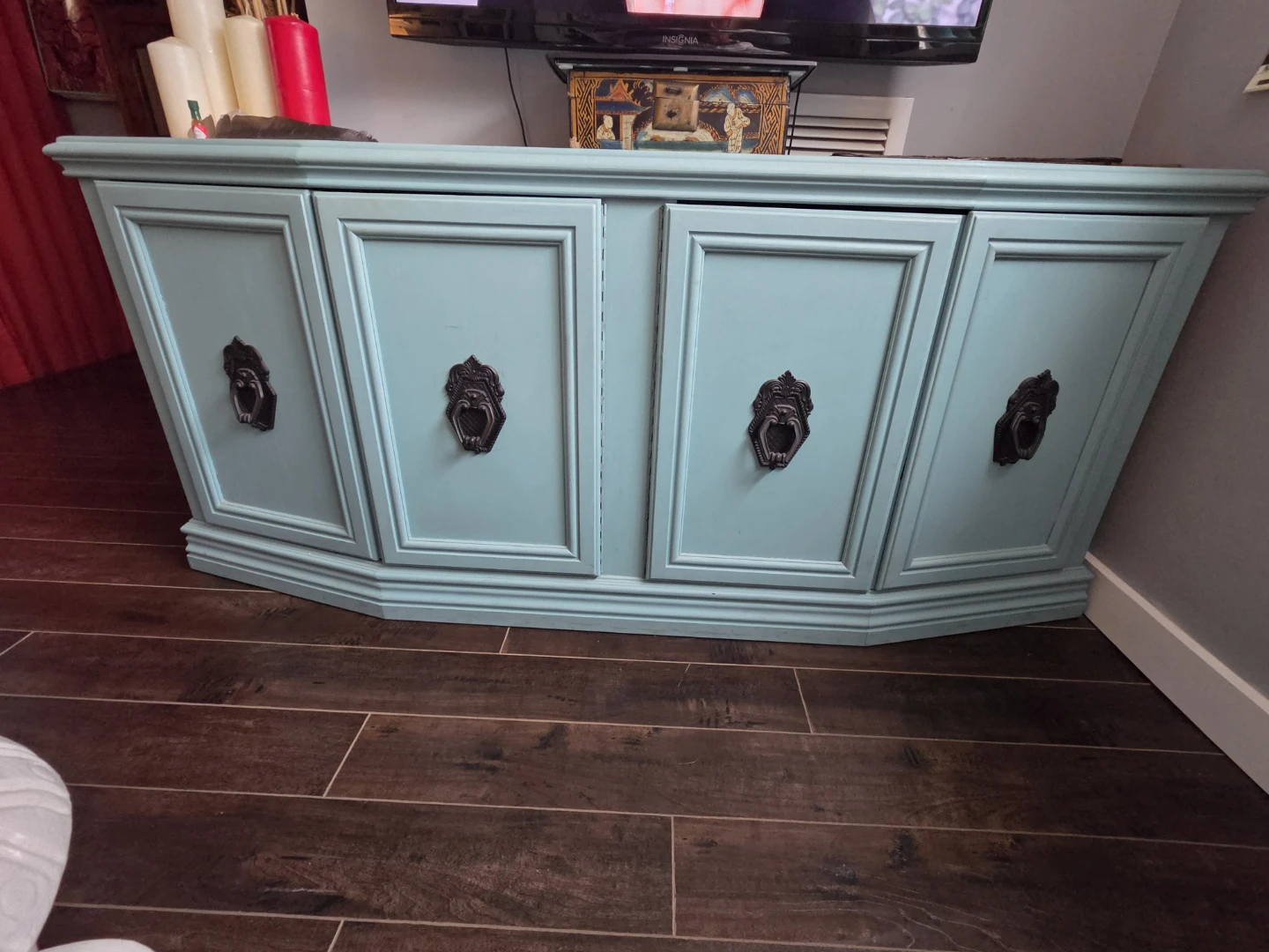 Teal Blue Painted Wooden Media Console Cabinet