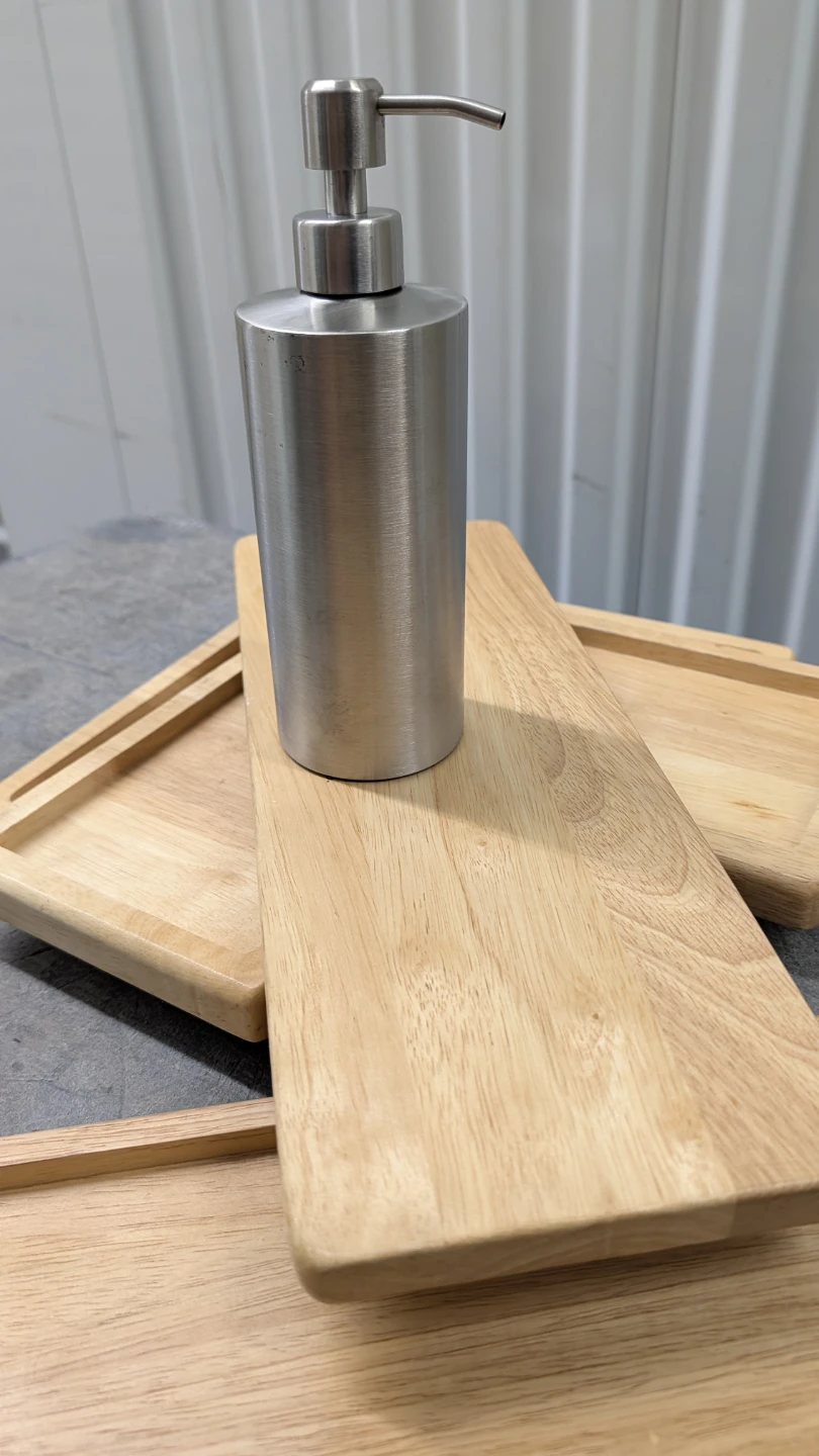 Stainless Steel Soap Dispenser and Wood Trays