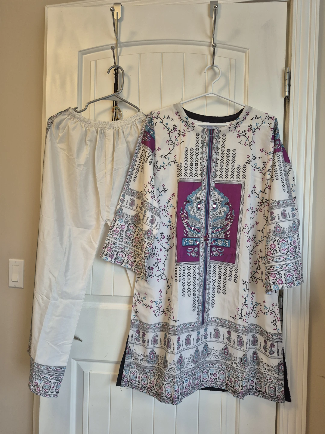 Purple and white patterned kurta set