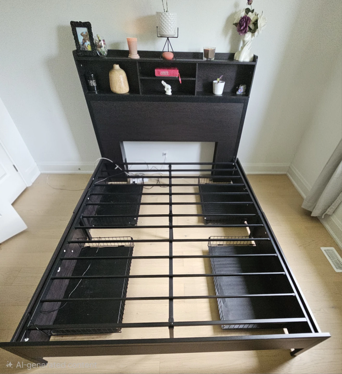 Dark Wood Queen Bed Frame with LED Headboard