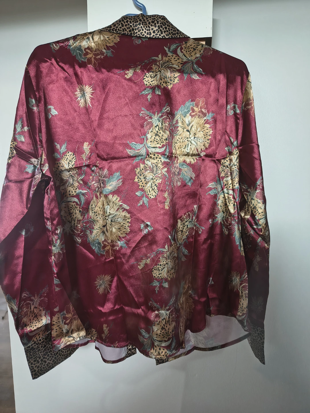 Burgundy Floral Satin Shirt with Leopard Print Trim - photo 3