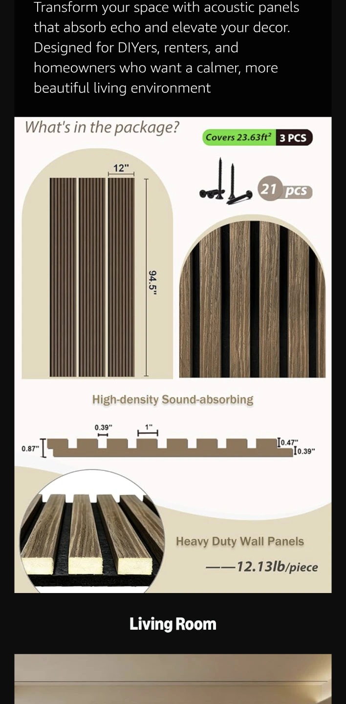 Sunlysound Black Wood Slat Acoustic Panels, 3 Pack - photo 3
