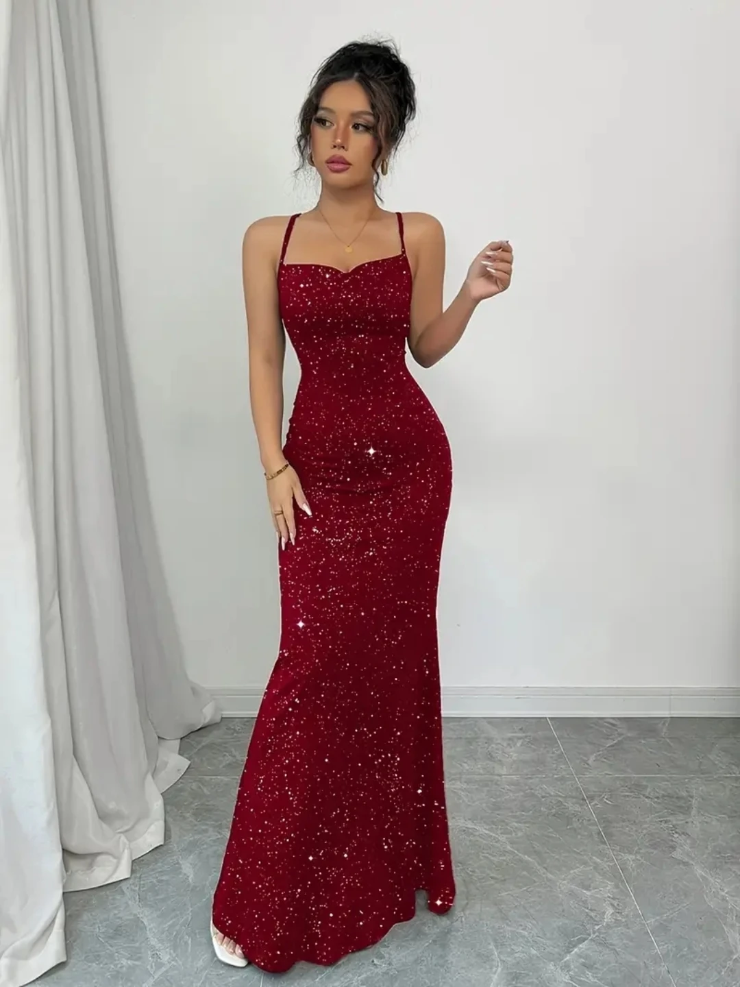 Sparkly Red Spaghetti Strap Maxi Dress