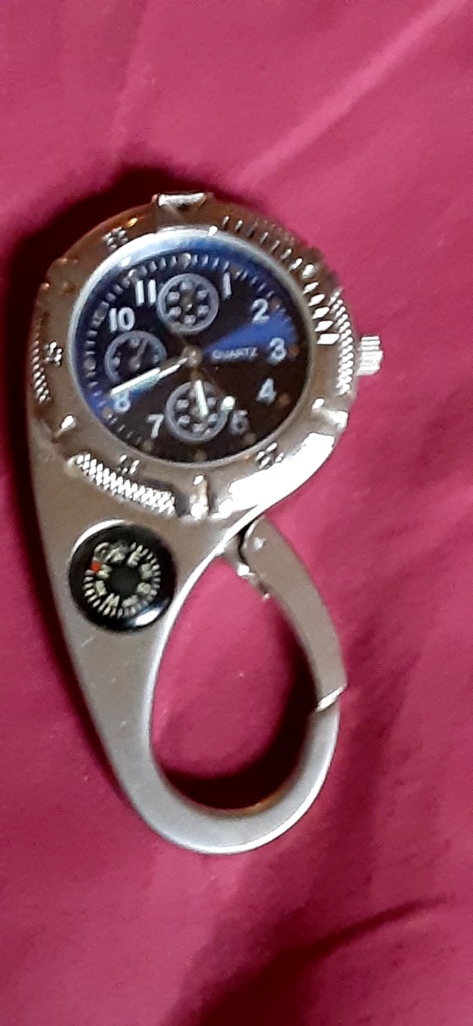 Quartz carabiner clip watch with compass