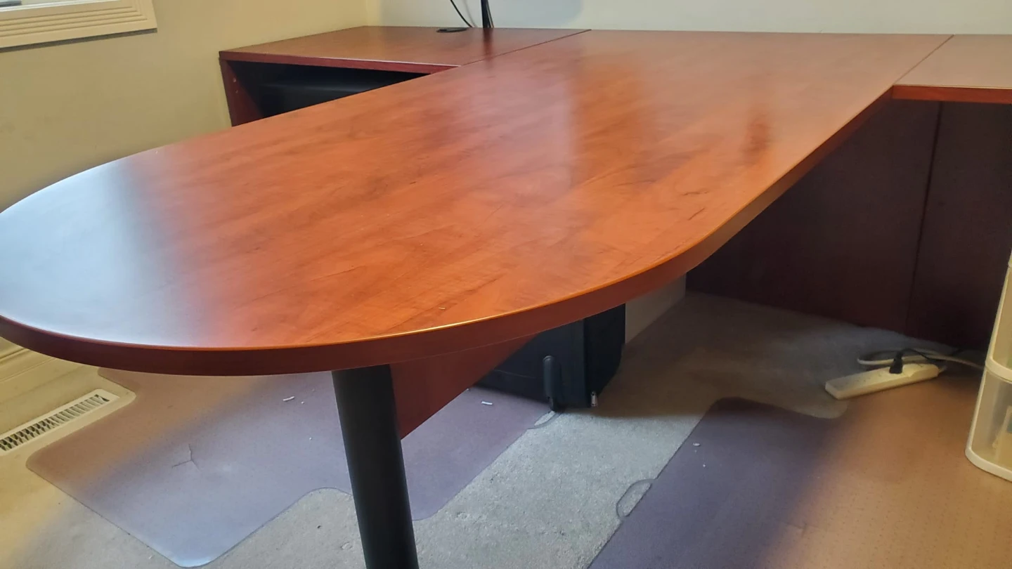 Cherry Wood L-Shaped Bullet Top Office Desk