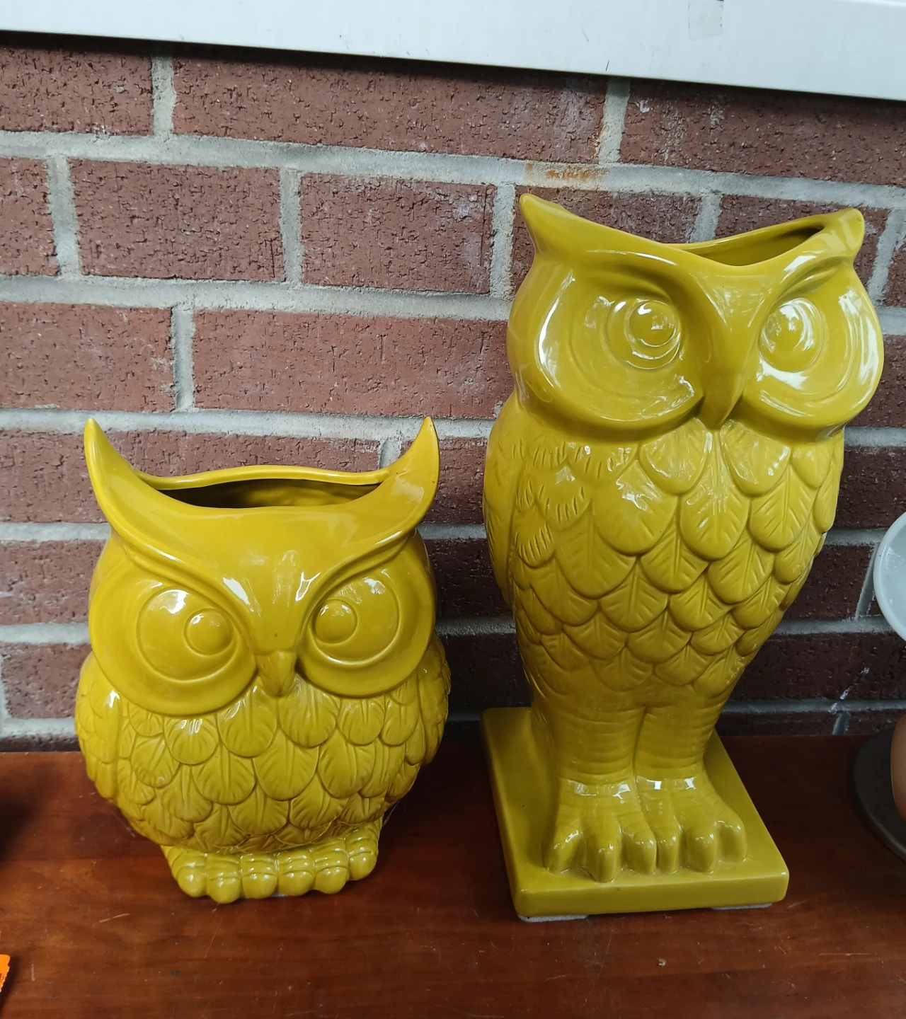 Two Yellow Ceramic Owl Planters