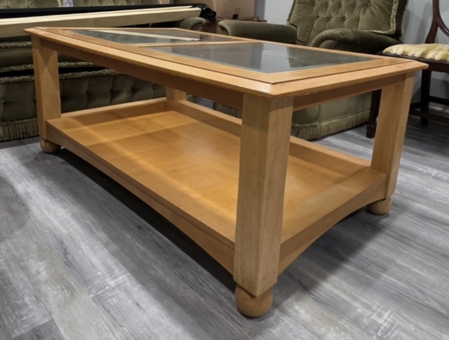 Solid Light Wood Coffee Table w/ Glass Panels & Lower Shelf