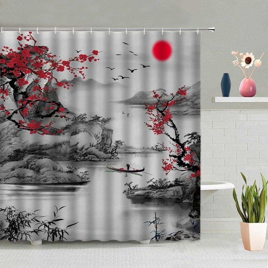 Japanese Cherry Blossom Landscape Shower Curtain with Hooks - photo 4