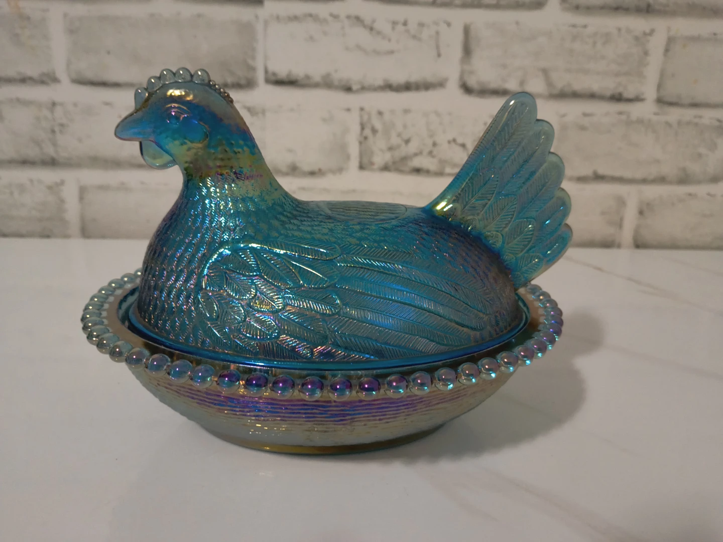 Vintage 7" Indiana Iridescent Blue Glass Hen on Nest Dish - photo 2