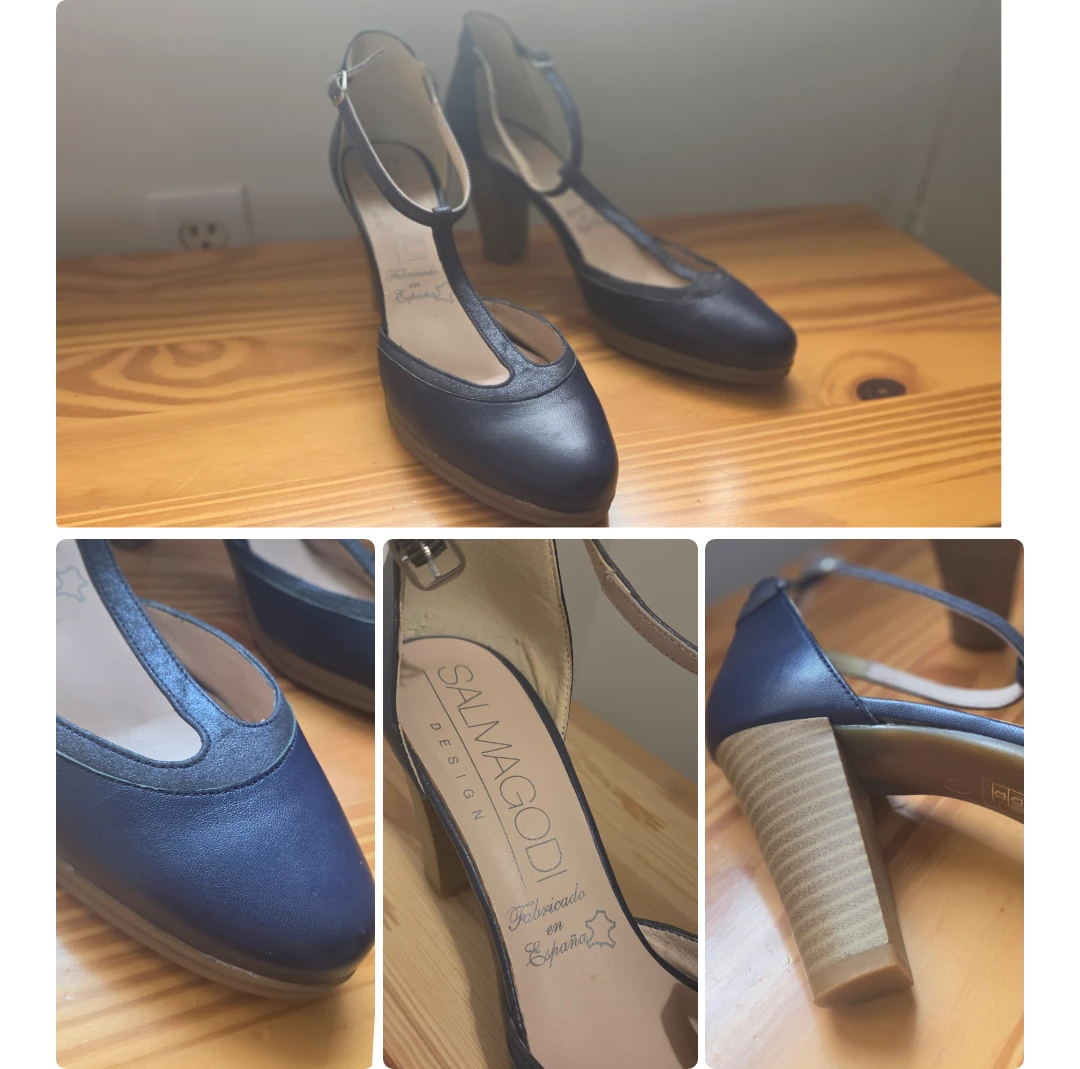Design Navy T-Strap leather Heels, size 9 | 40