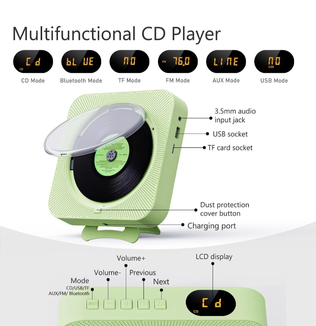 Multifunctional Green CD Player with Bluetooth and Remote - photo 5