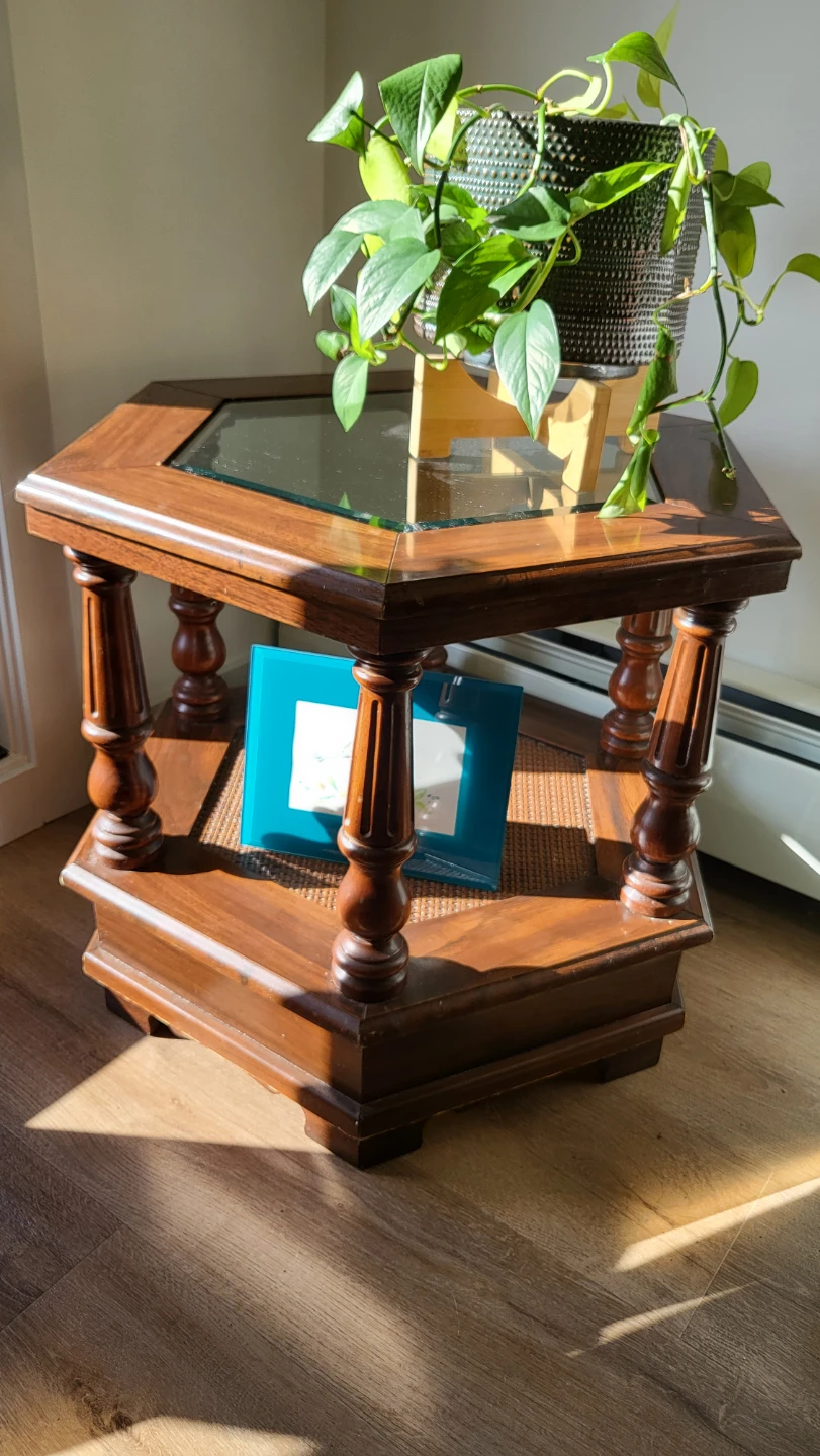Hexagon side table with glass inlay top
