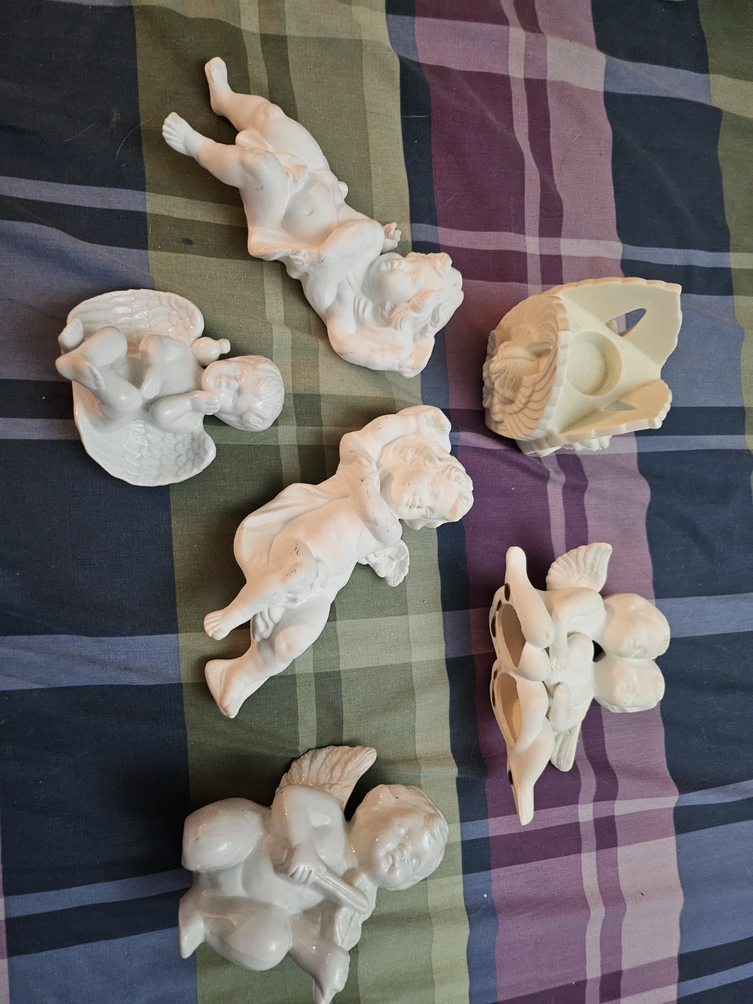 Set of 6 White Ceramic Angel Figurines and Holder