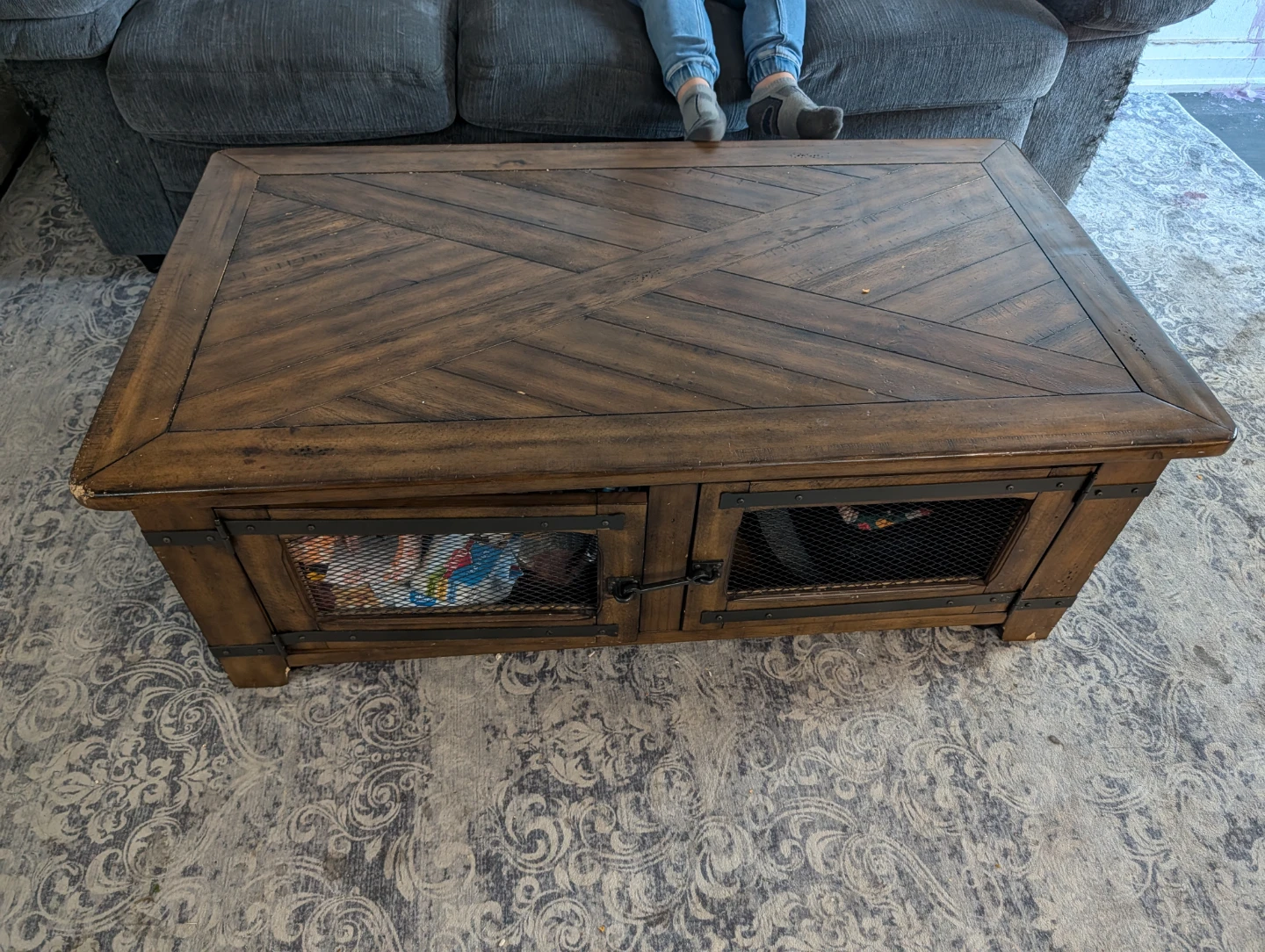 Rustic Wood Coffee Table with Metal Mesh Doors