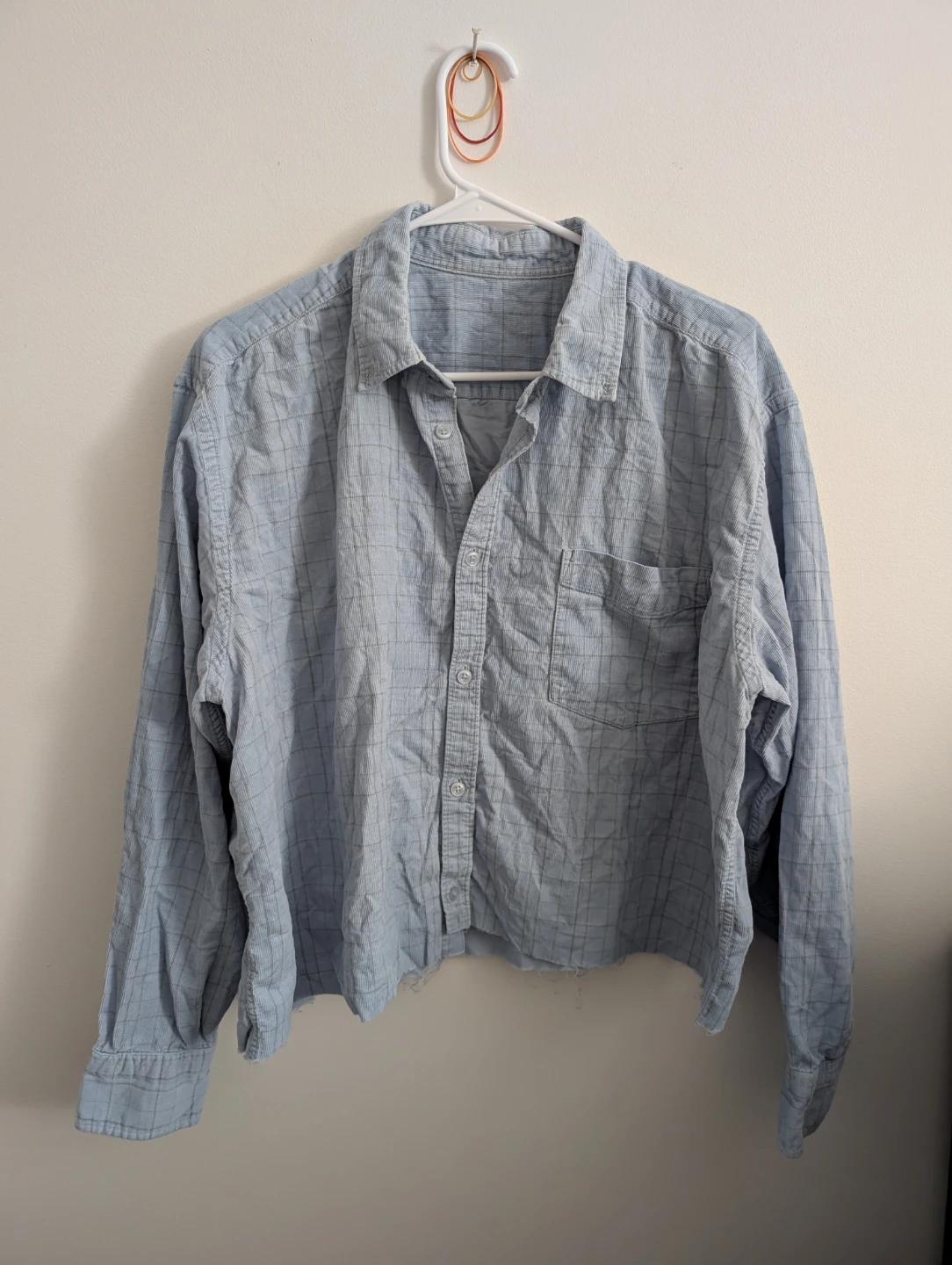 Light Blue Plaid Corduroy Button-Up Pocket Shirt 26" ptp 🏈