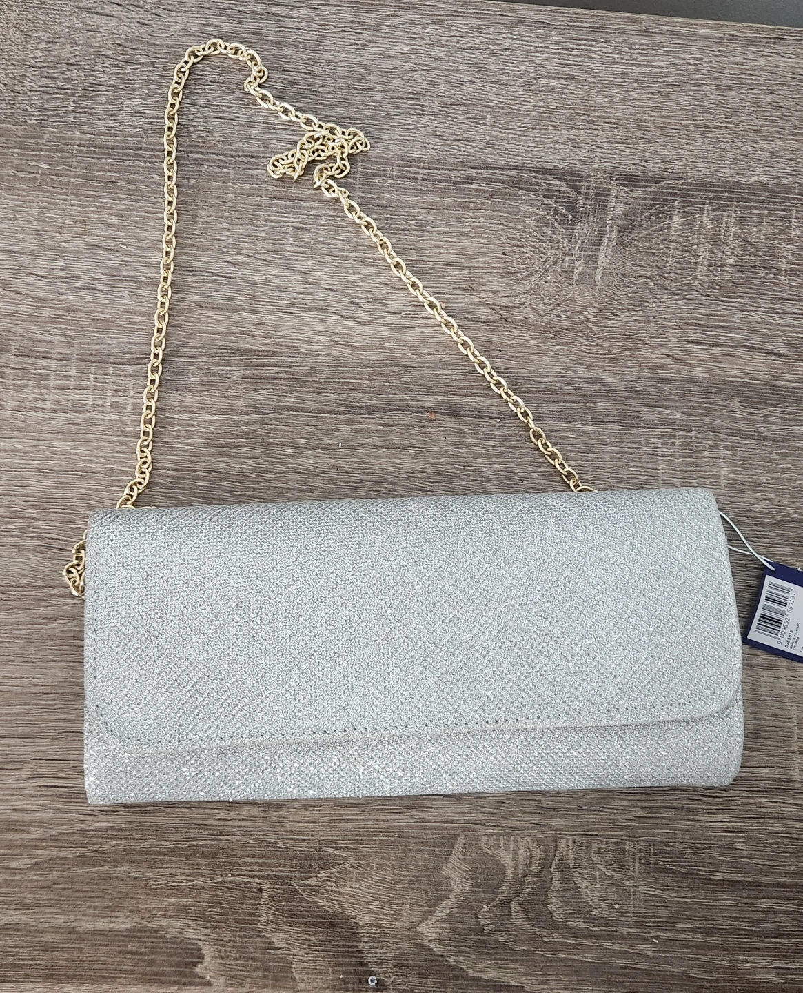 Silver Glitter Clutch with Gold Chain