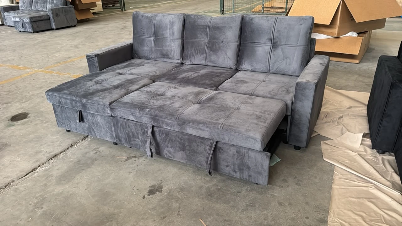 Grey Corduroy Sectional Sofa Bed with Storage - photo 2