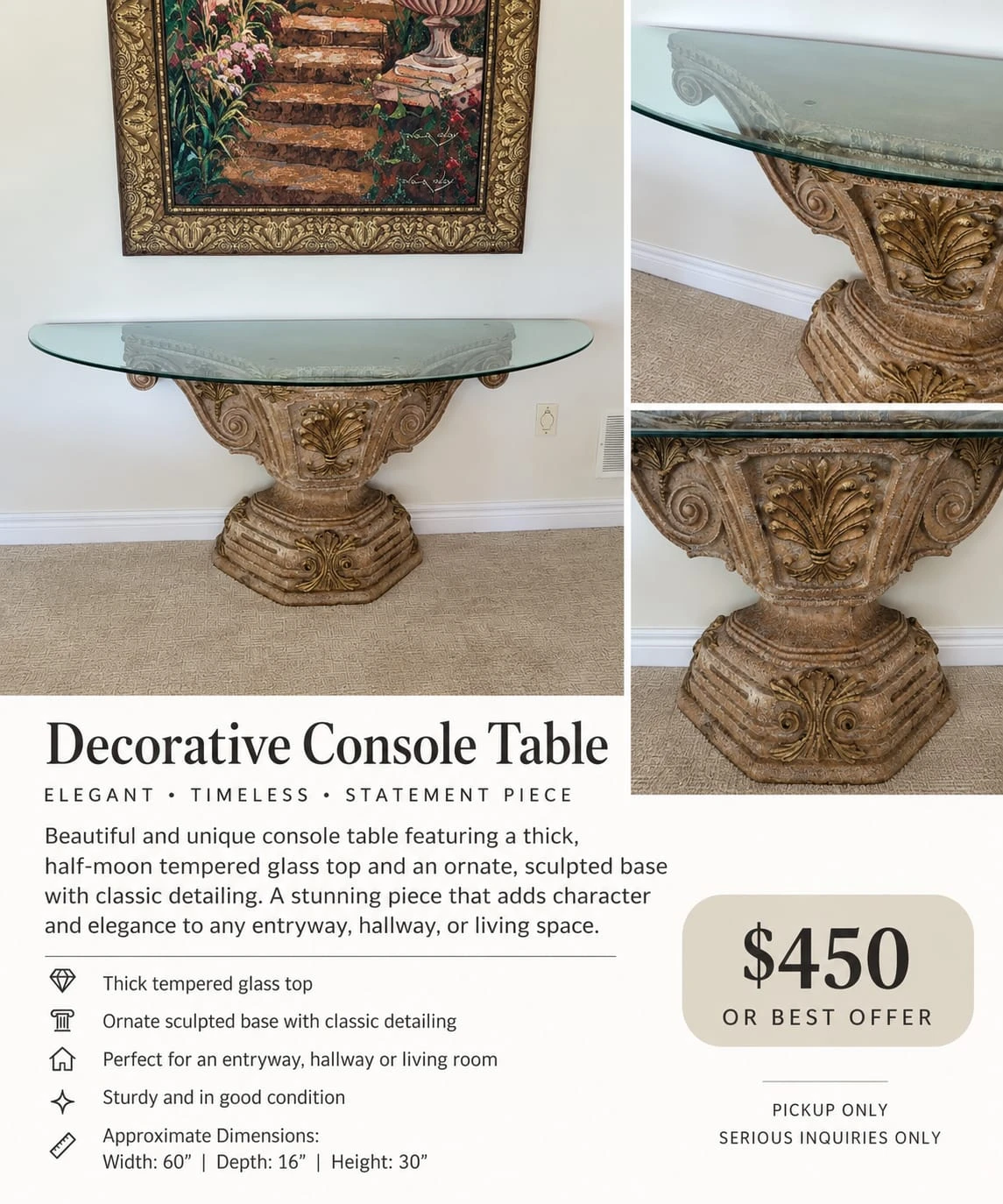 Decorative Glass Console Table with Ornate Base