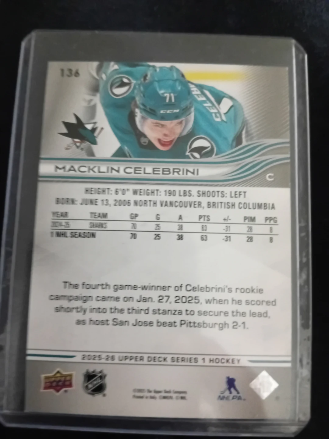 Macklin Celebrini Upper Deck Series 1 Rookie Card - photo 2