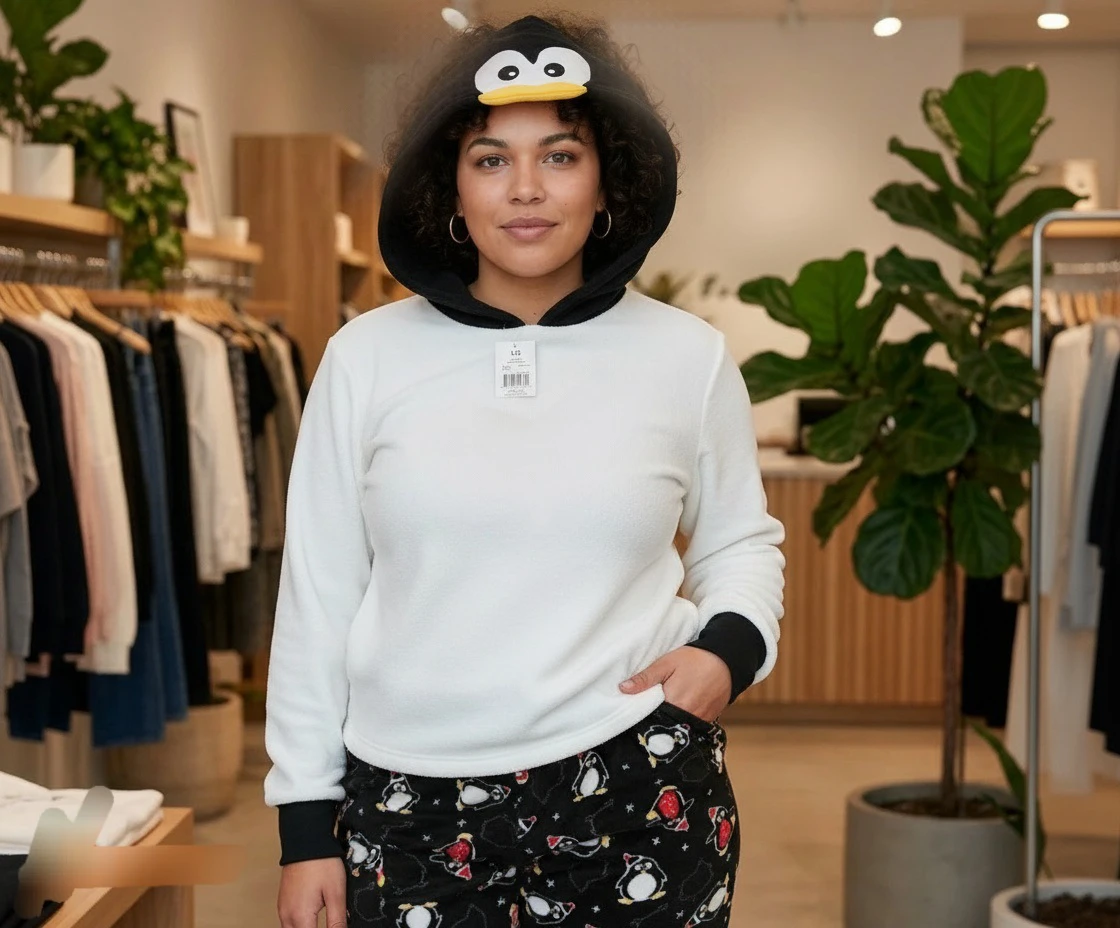 NEW Adult Penguin 2 piece fleece hooded pjs