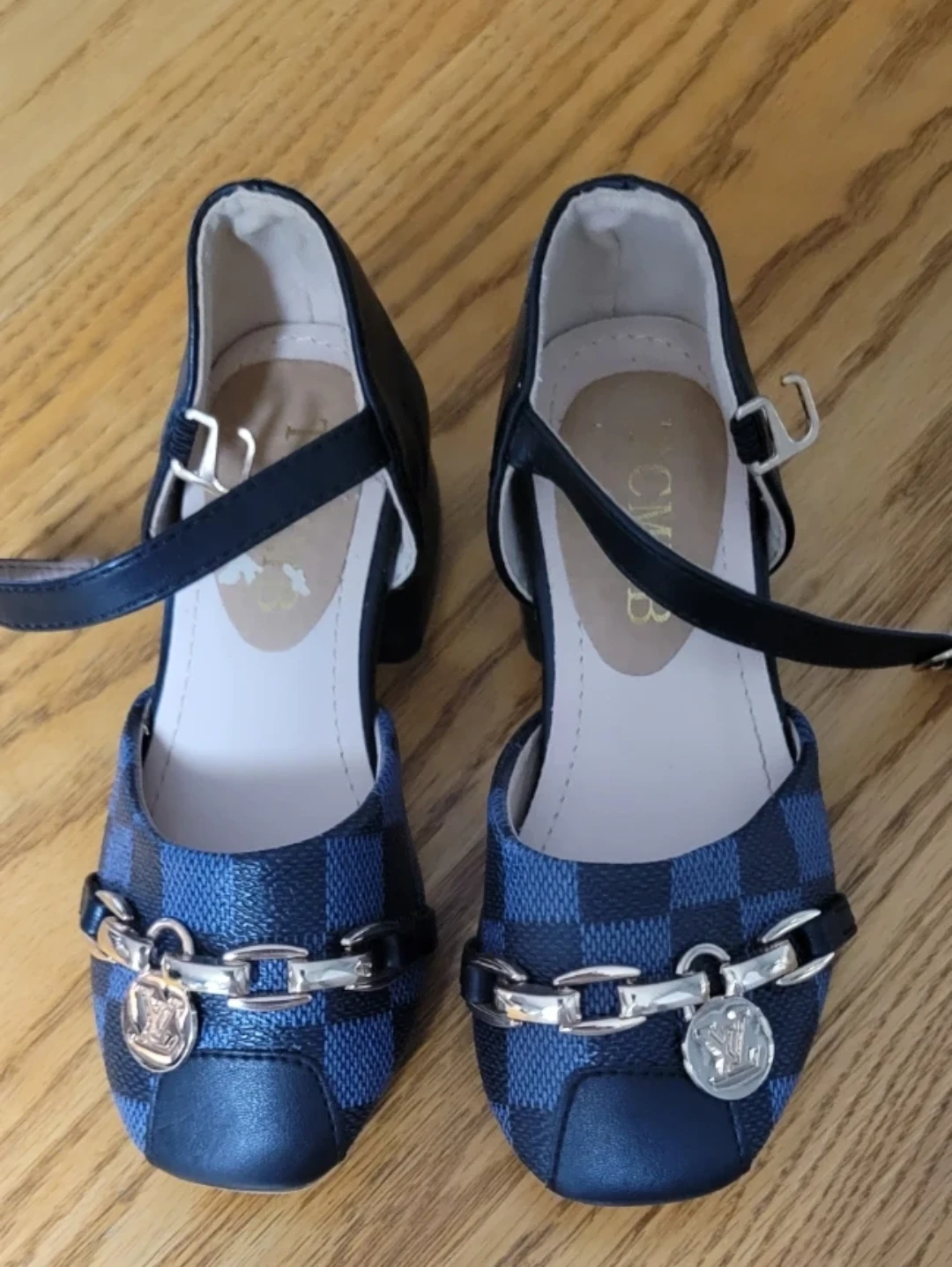 Blue Checked Chain Detail Block Heel Sandals