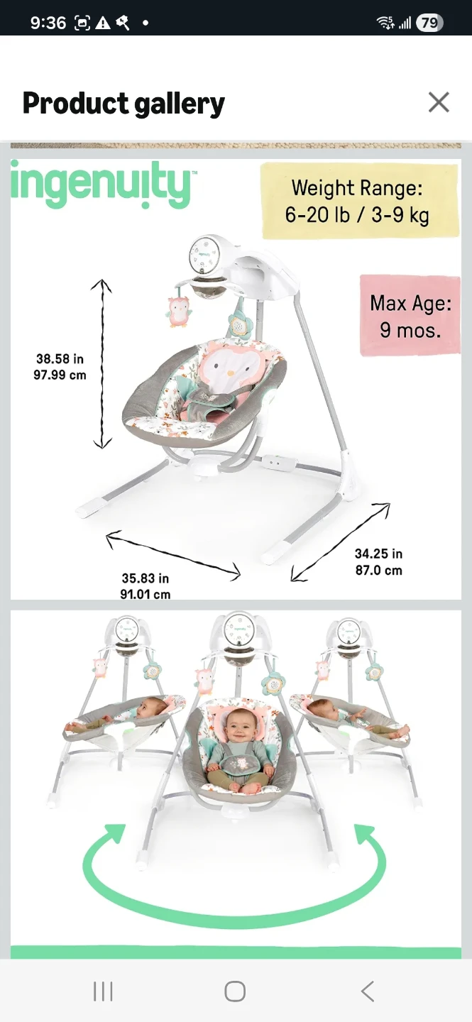 Ingenuity InLighten 5-Speed Baby Swing - Swivel Infant Seat - photo 3