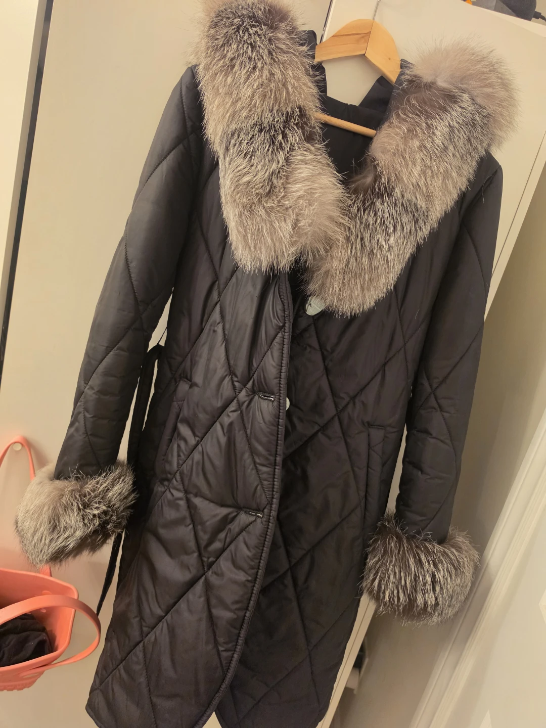 Black Quilted Long Coat with Fur Trim - photo 2