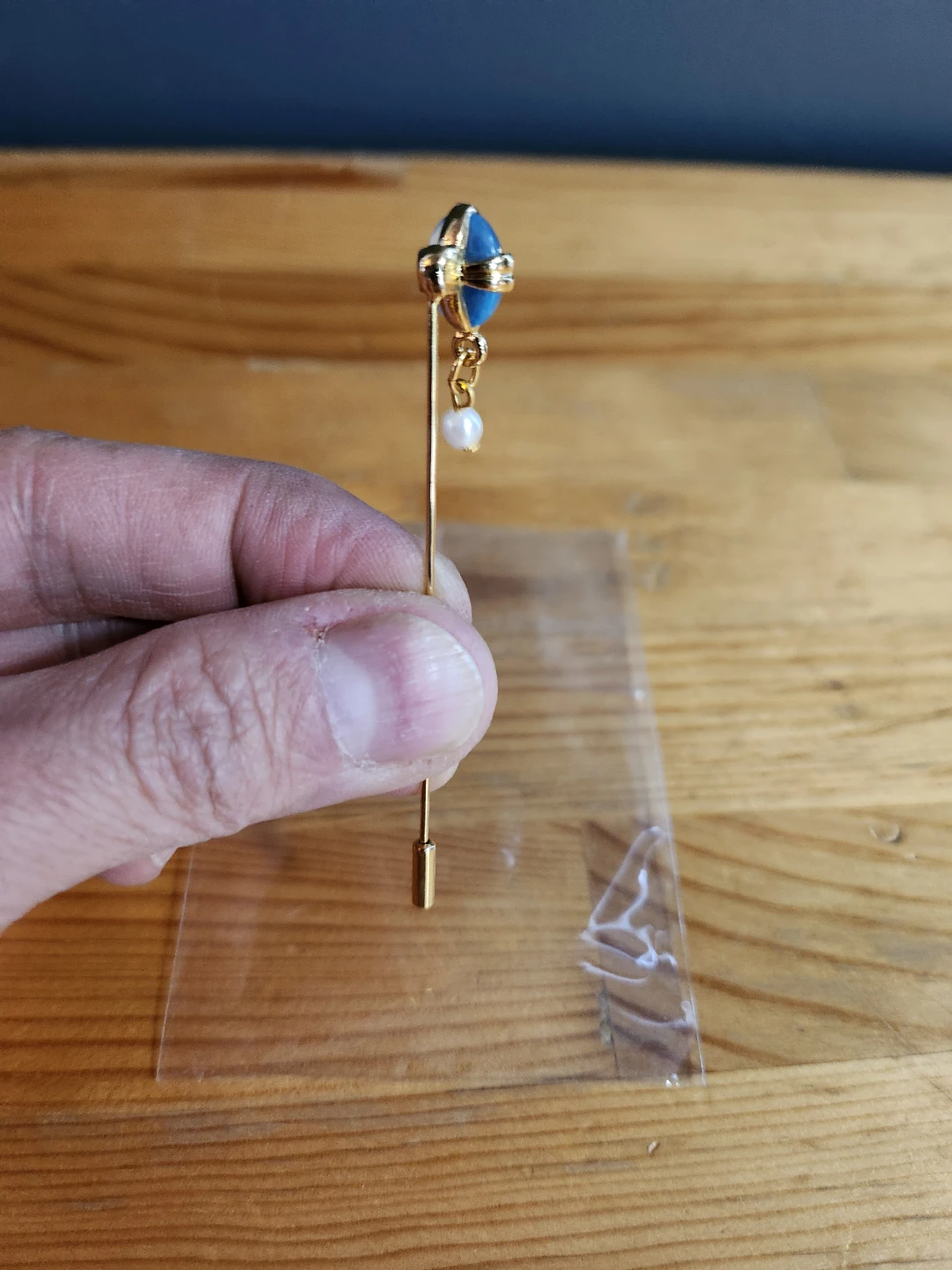 Vintage Gold Tone Stick Pin with Blue Topaz and Faux Pearl - photo 3