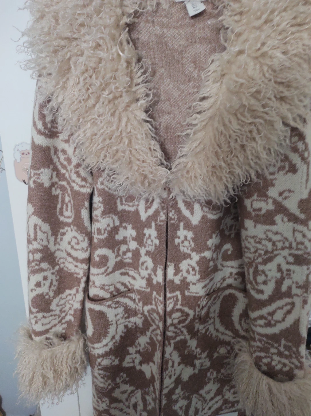 Patterned Knit Cardigan with Faux Fur