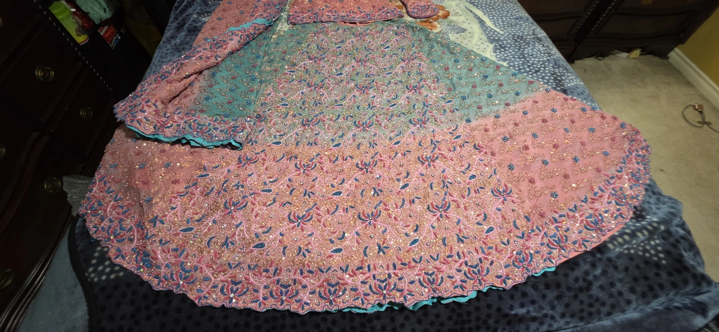 Embroidered Pink and Aqua Blue Bridal Lehenga Set