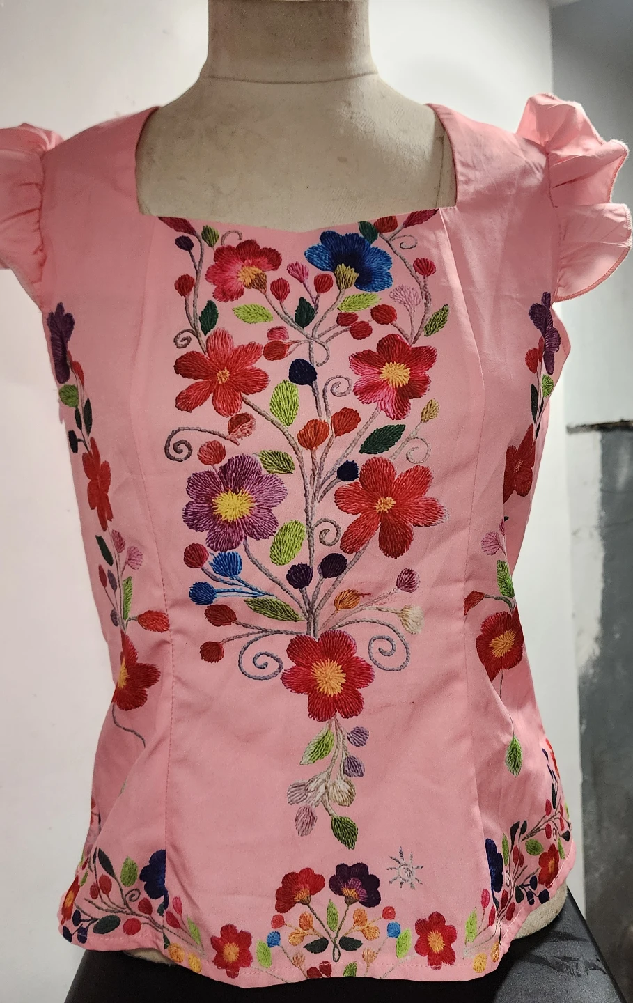 Pink Floral Embroidered Flutter Sleeve Top