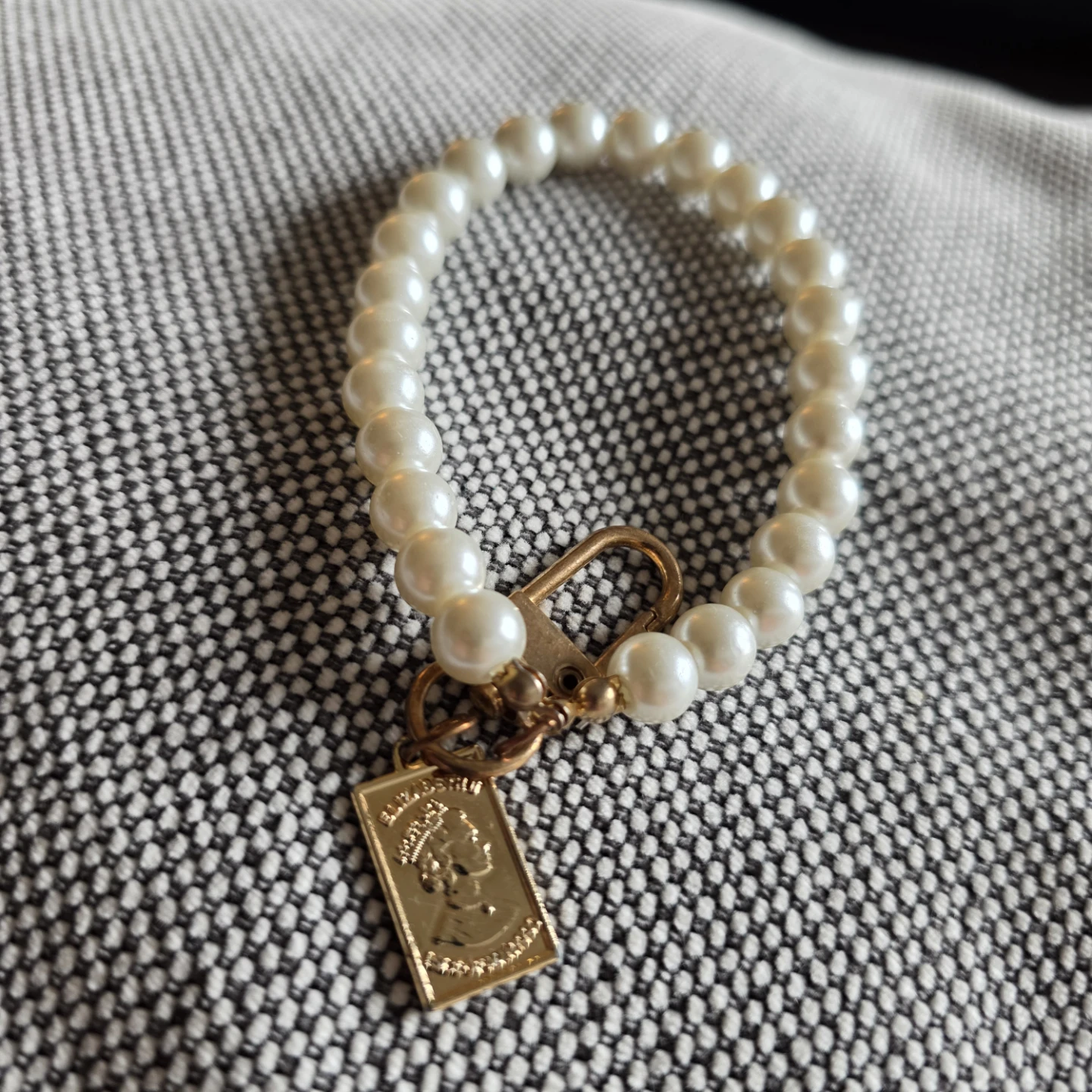 Pearl Bead Bracelet Keychain with Gold Tone  Charm