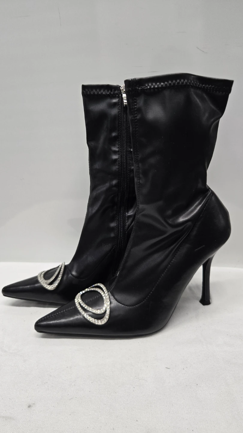 Fashion Nova Bouncy Black Pointed Stiletto Mid-Calf Rhinestone - photo 2