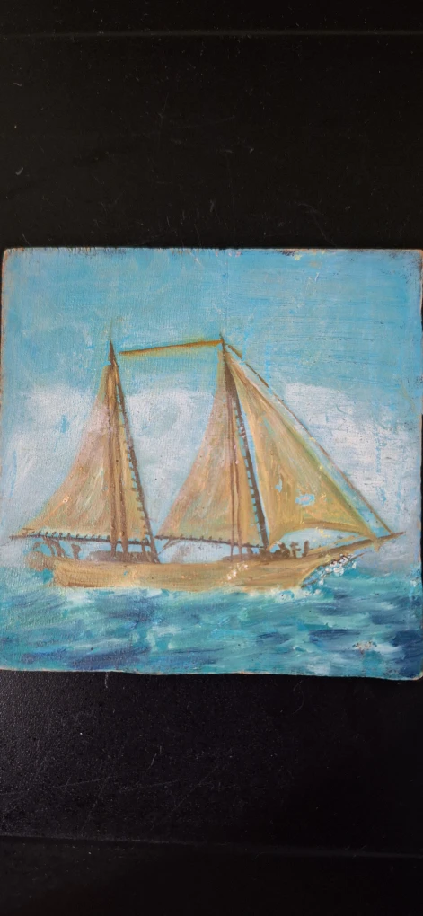 Small Hand-Painted Wooden Sailboat Art