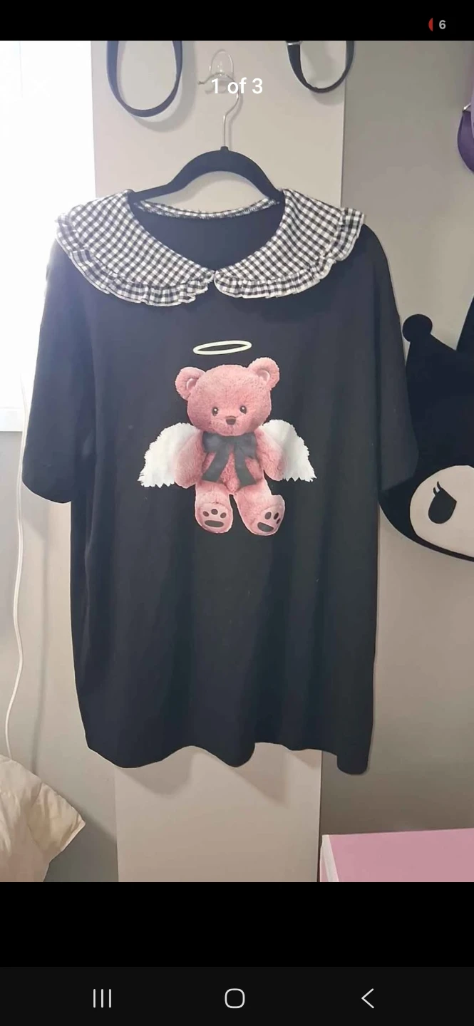Black T-Shirt dress with Angel Bear Graphic and Gingham Collar