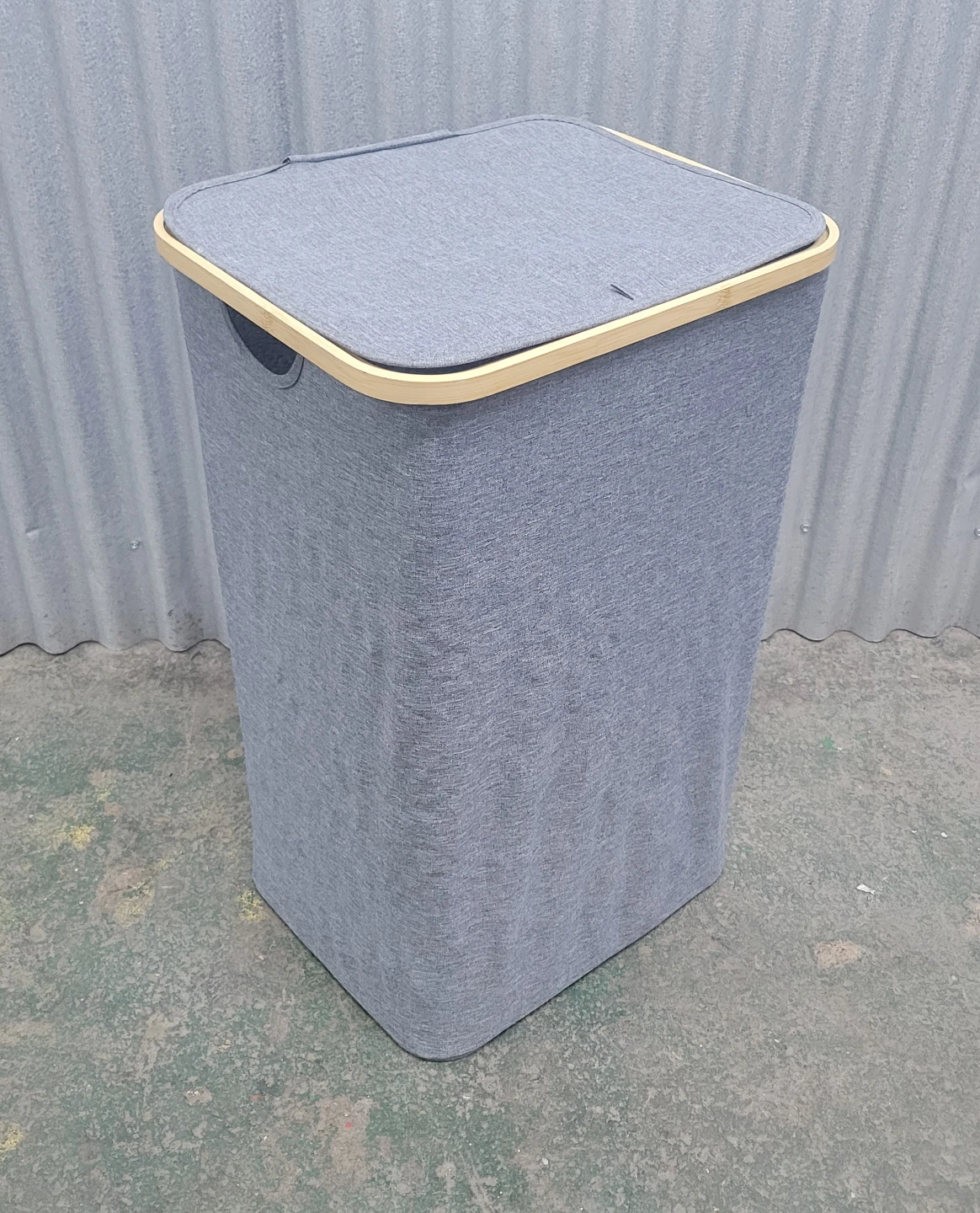Collapsible Gray Laundry Hamper with Bamboo Frame