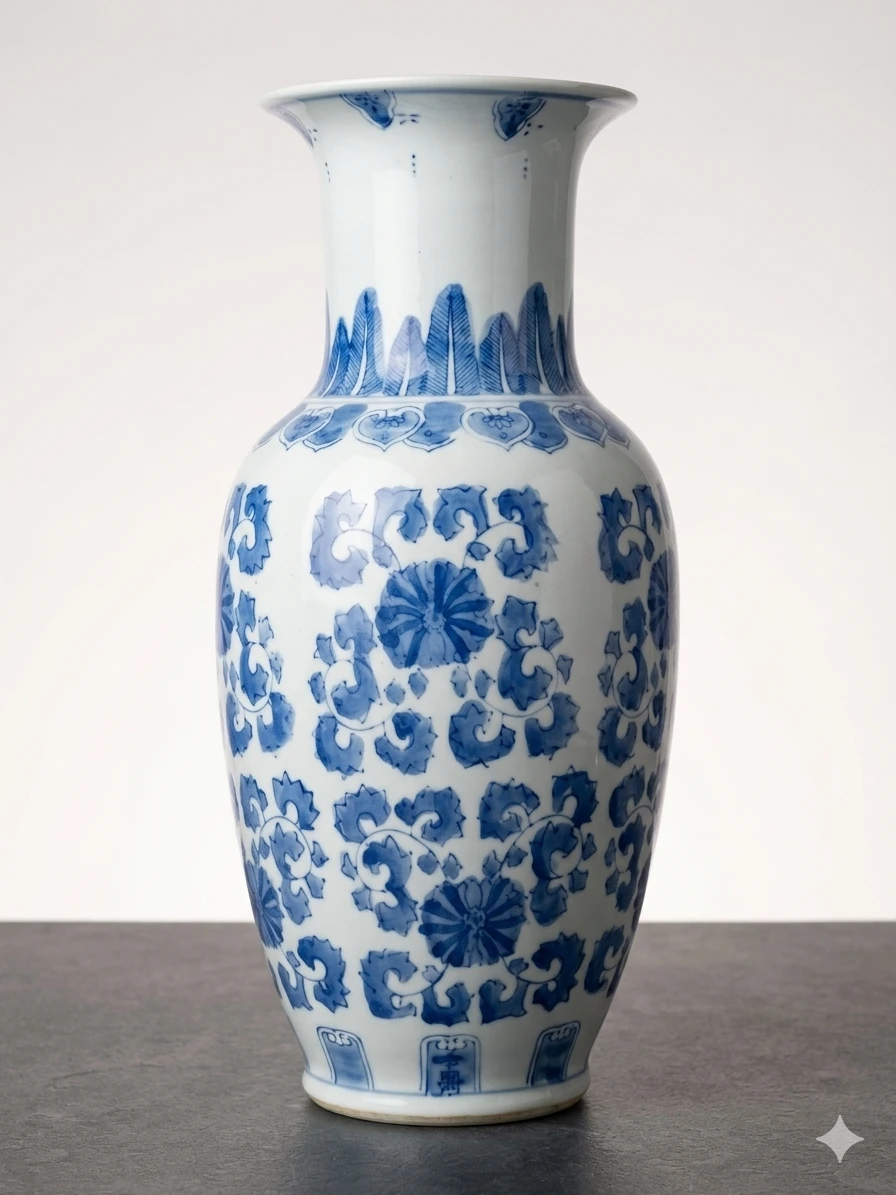 16” Chinese Blue & White Porcelain Vase Hand Painted