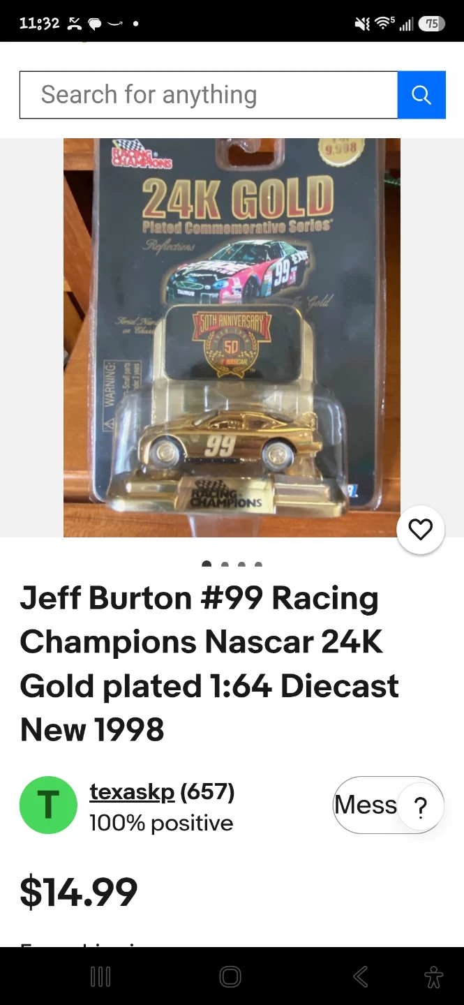 Racing Champions Jeff Burton #99 24K Gold Diecast 1:64 - photo 3